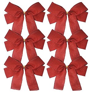 Kit 6 Laços Natalinos Pronto Tecido Vermelho Brilho Suave 24cm - Decor Natal