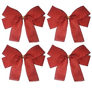 Kit 4 Laços Natalinos Pronto Tecido Vermelho Brilho Suave 24cm - Decor Natal