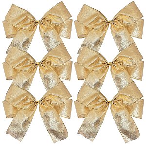 Kit 6 Laços Natalinos Pronto Tecido Dourado Brilho Suave 24cm - Decor Natal