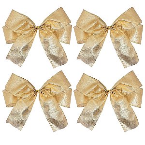 Kit 4 Laços Natalinos Pronto Tecido Dourado Brilho Suave 24cm - Decor Natal