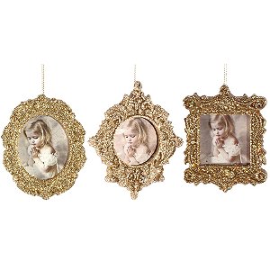 Jogo 3 Porta Retrato Decorativo Glitter Dourado Para Árvore Natal 10cm - Magizi