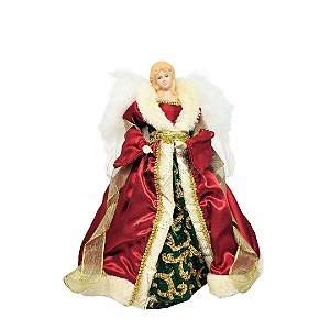 Anjo Decorativo Natal Ponteira Árvore Seda Luxo Vermelho e Verde 30cm - Noel Decor