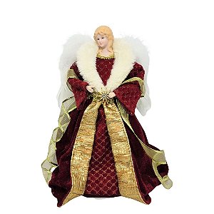 Anjo Decorativo Natal Topo de Árvore Veludo Luxo Vinho e Dourado 30cm - Noel Decor