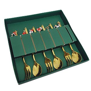 Jogo de Talhares Sobremesa Natalino Inox Dourado com Pingente 6 Peças - Magizi