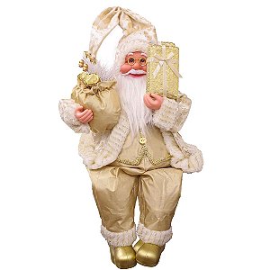 Papai Noel Sentado Saco de Presentes Decorado Casaco Dourado e Champanhe 50cm - Magizi