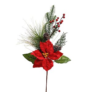 Galho Flor Bico de Papagaio Natal Vermelho Decorado Pinhas Naturais e Berries 40cm - Magizi