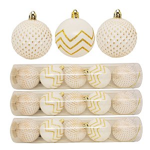 Jogo 15 Bolas Natal Mista Decoradas Branco e Dourado Glitter 6cm - Magizi