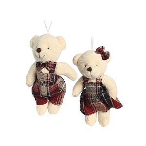 Jogo Casal Ursinho Pelúcia Pendente Natal Roupa Xadrez 15cm - Magizi