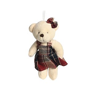 Ursinho Pelúcia Pendente Natal Menina Vestido Xadrez 15cm - Magizi