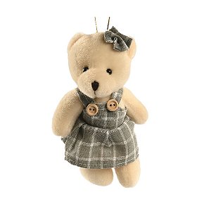 Ursinho Pelúcia Pendente Natal Menina Roupa Xadrez Cinza 13cm - Magizi