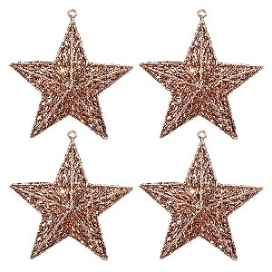 Kit 4 Estrelas Decorativas Natal Glitter Vazado Rosê Gold 18cm - Magizi