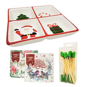Kit Petisqueira Cerâmica Natal, Guardanapos Decorados e Palitos Petisco - Master Chirstmas