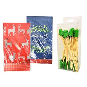 Kit Guardanapos Natal Folhas Duplas e Palito Petisco Decorados Pinheiro - Magizi