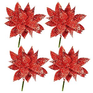 Jogo Pick Natal Folhagem Glitter Especial Vermelho 4 Unidades - Magizi