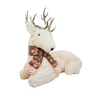 Rena Deitada Decorativa Natal Pelúcia Prime Creme Cachecol Rosê 25cm - Master Christmas