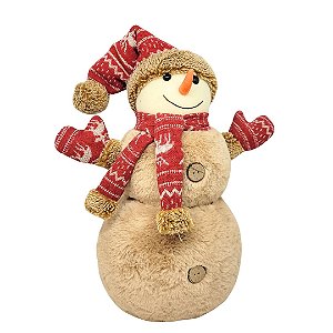 Boneco de Neve Decorativo Natal Pelúcia Gorro e Cachecol Crochê Vermelho 45cm - Master Christmas