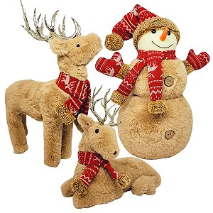 Jogo Renas e Boneco de Neve Decor Natal Pelúcia Marrom Claro Cachecol Crochê - Master Christmas