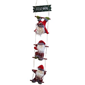 Placa Feliz Natal Escada Madeira 90cm 3 Bonecos Papai Noel Pelúcia - Master Christmas