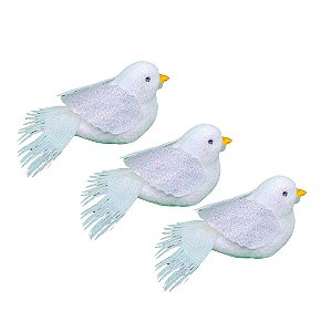 Conjunto 3 Pássaros Decorativo Natal Glitter Branco Furta Cor 8cm - Art Christmas