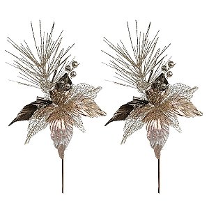 Kit 2 Galhos Flor Natal Bico de Papagaio Glitter Champanhe Luxo 28cm - Magizi