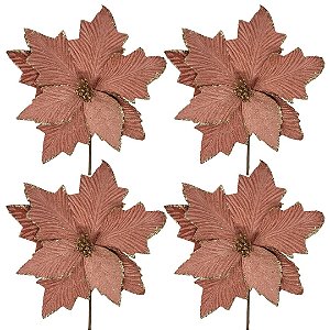 Kit 4 Flores Pick Natal Bico de Papagaio Rosê Veludo Texturizado Borda Glitter Champanhe 20cm - Master Christmas