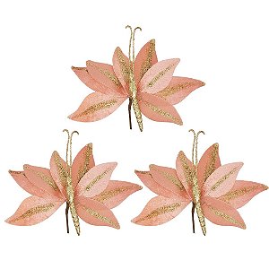 Kit 3 Borboletas Flor Pick Natal Veludo Salmão e Glitter Dourado 20cm - Art Christmas