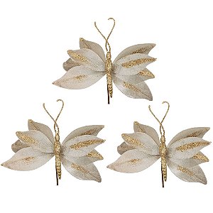 Kit 3 Borboletas Flor Pick Natal Veludo e Glitter Champanhe 20cm - Art Christmas