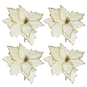 Kit 4 Flores Pick Natal Bico de Papagaio Veludo Texturizado Creme e Dourado 20cm - Master Christmas