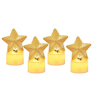 Kit 4 Velas Eletrônicas Estrela Aramada Dourado Natal Led 7cm - Magizi