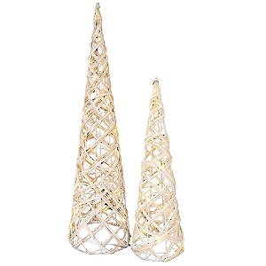 Jogo 2 Árvores Cone Aramado Rattan 40cm e 60cm Bege e Branco Iluminada LED - Magizi