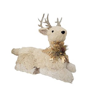 Rena Decorativa Deitada Sisal e Pelúcia Champanhe Arranjo Dourado 30cm - Cromus