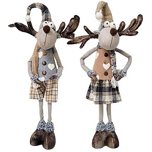 Rena Casal Em Pé Rústico Cinza e Marrom Xadrez, Braços e Gorro Maleável 60cm - Cromus