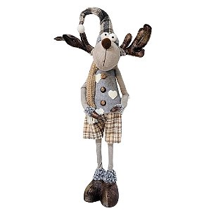 Rena Em Pé Rústico Cinza e Marrom, Bermuda Xadrez, Braços e Gorro Maleável 60cm - Cromus