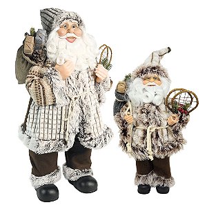 Jogo Papai Noel Decorativo Casaco Rústico Pelúcia Luxo Branco e Marrom 30 e 45cm - Magizi