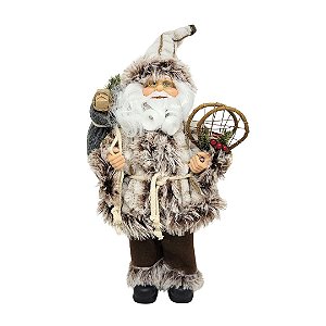 Papai Noel Decorativo Casaco Rústico Pelúcia Luxo Branco e Marrom 30cm - Magizi