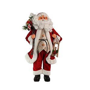 Papai Noel Decorativo Vermelho Luxo Saco Presentes Decorado e Trenó Madeira 30cm - Magizi