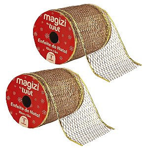 Kit 2 Fitas Aramada Decorativa Telada Dourado Luxo 10cm x 5 metros - Magizi