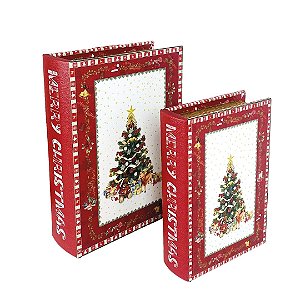 Jogo Caixa Livro Decorativo Porta Objetos MDF Árvore de Natal 2 Unidades - Magizi