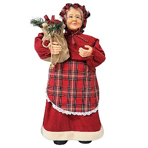 Mamãe Noel Decorativa Gigante 80cm Avental Xadrez e Saco de Presentes Rústico - Cromus