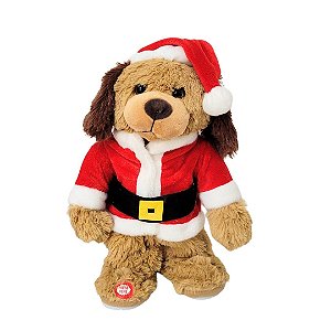 Cachorro Pelúcia Musical e Movimento Roqueiro Natal 30cm We Will Rock You - E Christmas