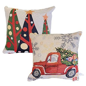 Jogo 2 Almofadas Gobelin Natal 45x45cm Árvores e Carro Vintage - Magizi