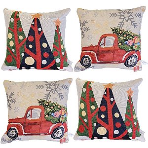 Jogo 4 Almofadas Gobelin Natal 45x45cm Árvores e Carro Vintage - Magizi