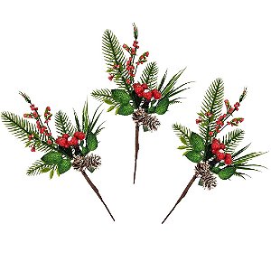 Kit 3 Galhos Pick Natal Folhagens, Pinhas e Berries Nevado 26cm - Art Christmas