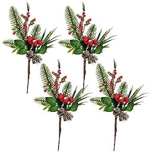 Kit 4 Galhos Pick Nevado Natal Pinhas Naturais, Berries e Folhagens 26cm - Art Christmas