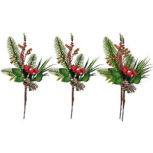 Kit 3 Galhos Pick Nevado Natal Pinhas Naturais, Berries e Folhagens 26cm - Art Christmas