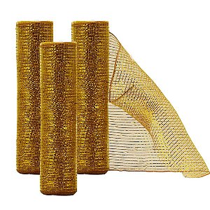Kit 3 Telas Decorativa Fita Malha Tule Dourado Natal 25cm x 5 metros - Magizi