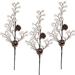 Kit 3 Galhos Pick Decorativo Natal Azevinhos e Pinhas Nevado 40cm - Master Christmas