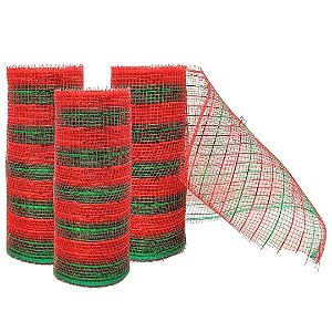 Kit 3 Telas Decorativa Fita Malha Tule Natal Listrado Vermelho e Verde 15cm x 5 metros – Magizi