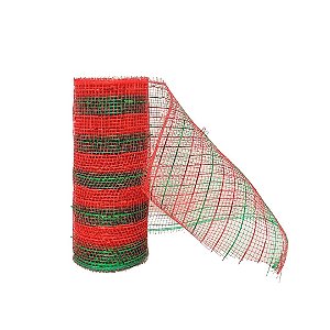 Tela Decorativa Fita Malha Tule Natal Listrado Vermelho e Verde 15cm x 5 metros – Magizi