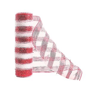 Tela Decorativa Fita Natal Malha Tule Listras Vermelho e Branco 26cm x 5 metros – Magizi